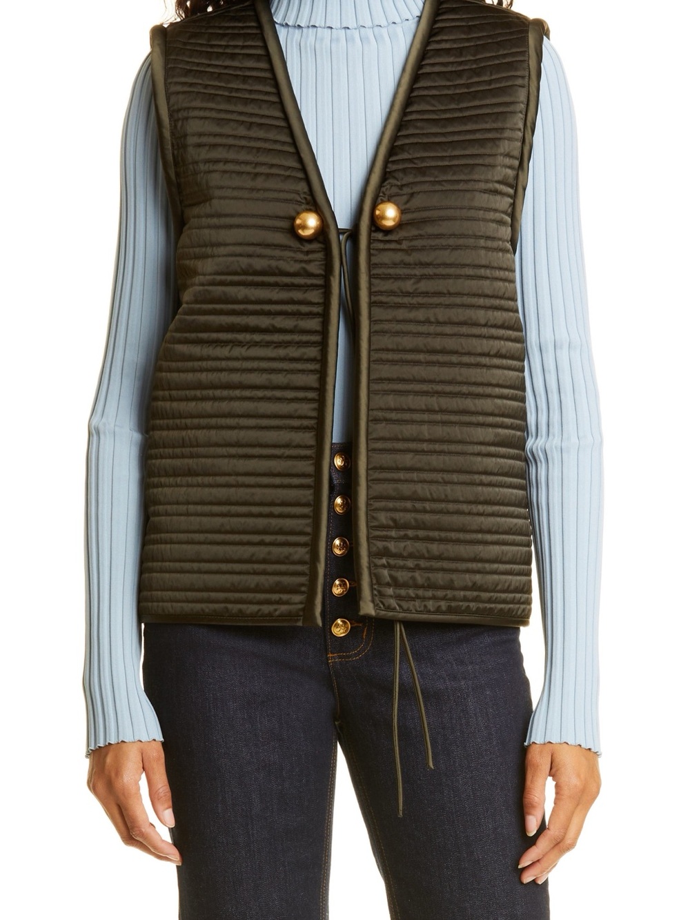 Tory Burch Quilted Olive Button Vest with Gold Accent size 8